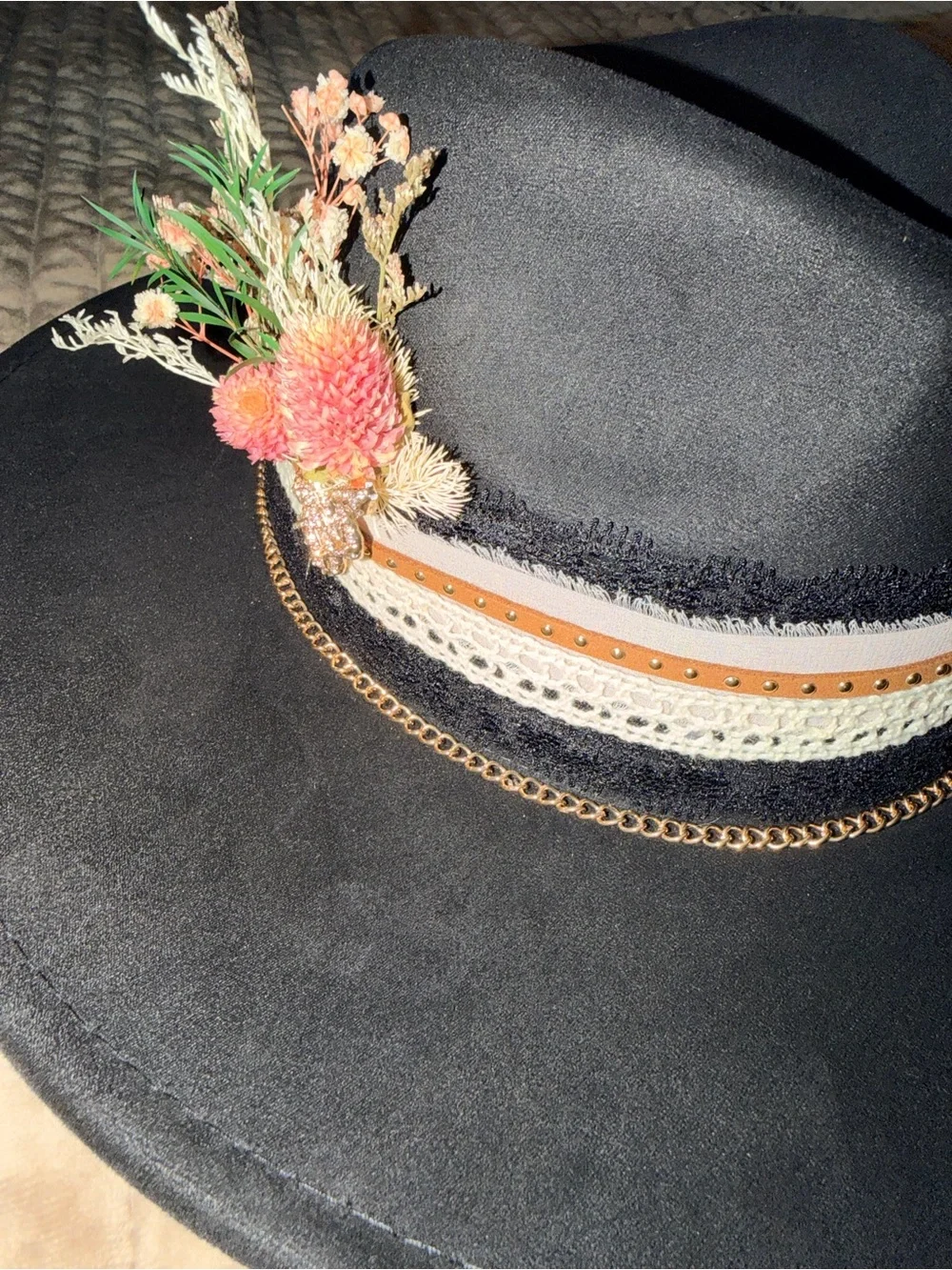 Black Wide-Brim Fedora with Decorative Band and Floral Accent